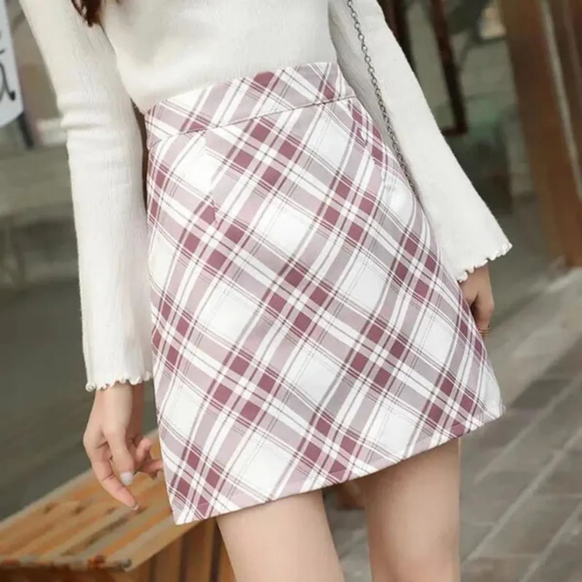 Xpqbb Gonne scozzesi a vita alta Donna Primavera Estate Slim Fit Gonne a linea Donna Gonna antiriflesso One Step Wom