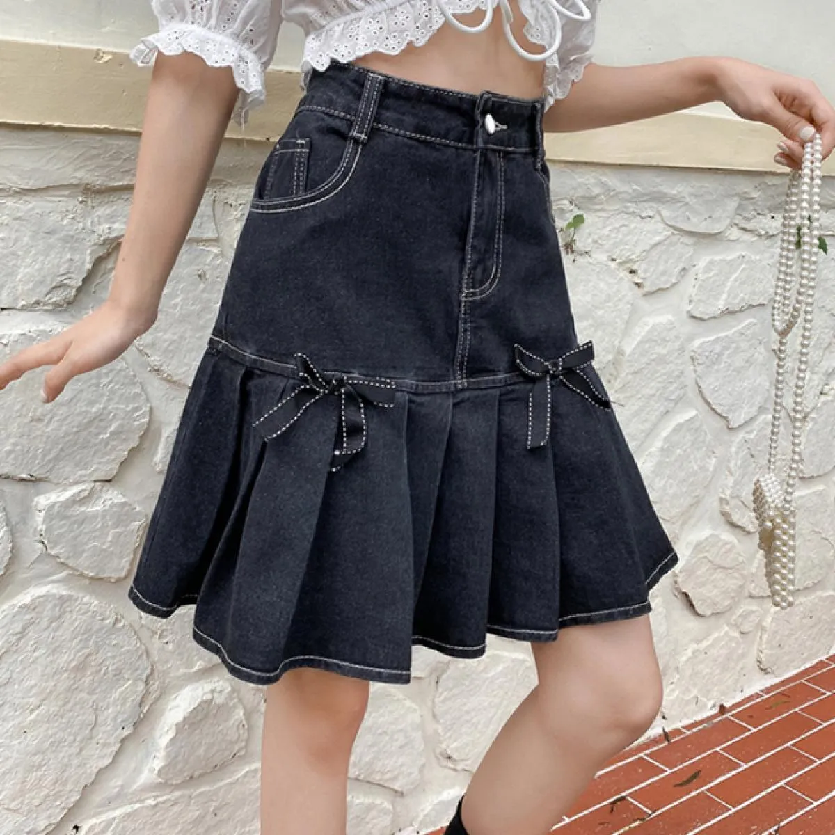 Zoki Denim Gonna a pieghe da donna a vita alta estiva con fiocco nero Minigonna a linea Vintage Harajuku Jeans tascabili casual